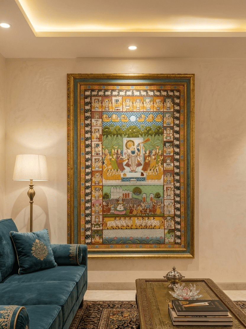Handmade Sharad Purnima Shrinathji Pichwai Painting with Annakut Leela